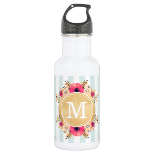 Mint Stripes Waterverf Flowers Faux Gold Monogram Waterfles