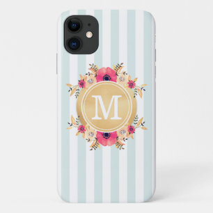 Mint Stripes Waterverf Flowers Gold Monogram iPhone 11 Hoesje