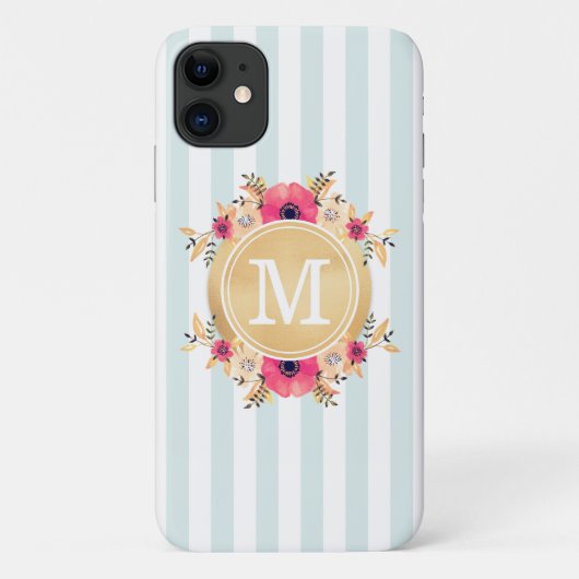 Mint Stripes Waterverf Flowers Gold Monogram Case-Mate iPhone Case (Achterkant)