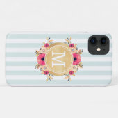 Mint Stripes Waterverf Flowers Gold Monogram Case-Mate iPhone Case (Achterkant (horizontaal))