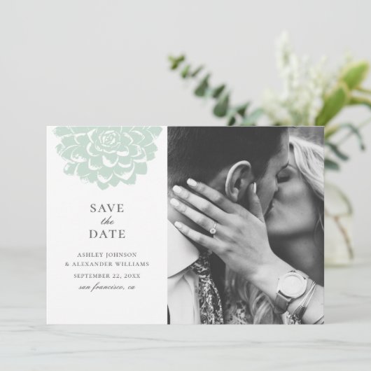 Mint succulent. Moderne cactus bruiloft. Floral Save The Date (Staand voorkant)