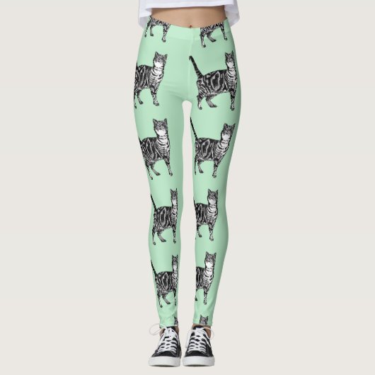 Mint Tabby Cat Animal Black en White Leggings (Voorkant)