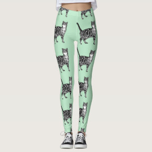 Mint Tabby Chat Animal Leggings noir et blanc
