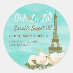 Mint Teal Goud Paris Eiffel Toren Sweet 16 Adres Ronde Sticker