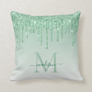 Mint Teal Groen Glitter Druppels Glam Monogram Sch Kussen