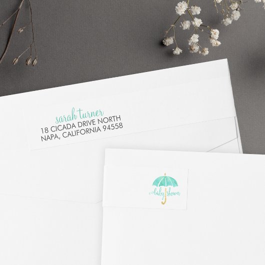 Mint Umbrella Baby shower Return Address Labels