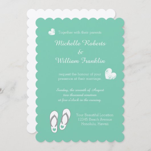 Mint vert coeur plage slipper invitations mariage (Devant / Derrière)