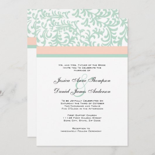Mint vert et rose pâle Faire-part de mariage (Devant / Derrière)
