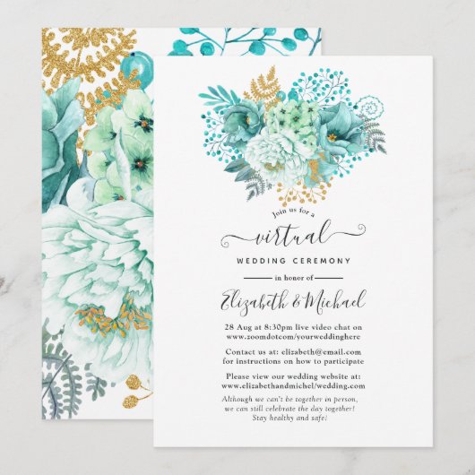 Mint Waterverf Floral Online Virtual Wedding Kaart (Voorkant / Achterkant)