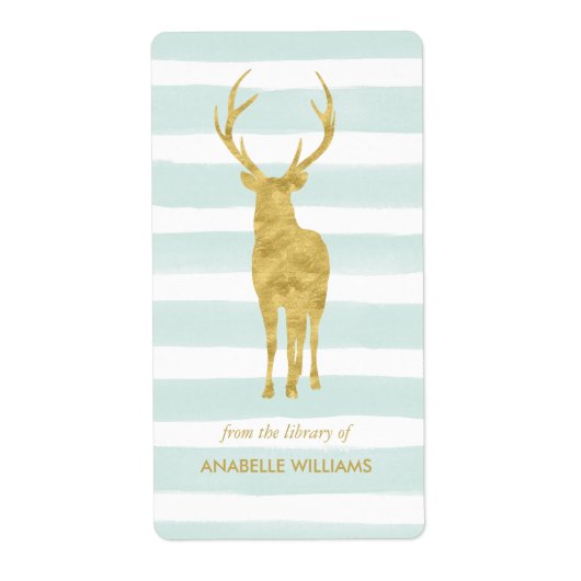 Mint Waterverf Stripes en Gold Deer Bookplate Etiket (Voorkant)