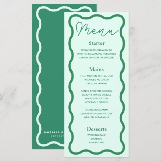 Mint Wavy Retro bruiloft Menu (Voorkant / Achterkant)
