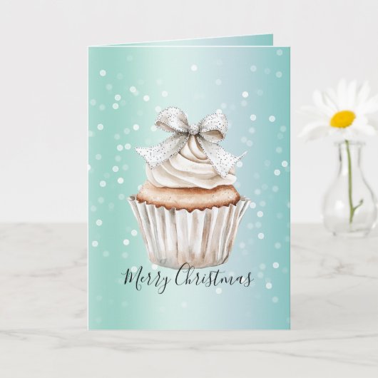 Mint White Bokeh Dots Bow Cupcake Christmas Kaart (Kleine Plant)