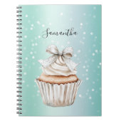 Mint White Bokeh Dots Bow Cupcake Notitieboek (Voorkant)