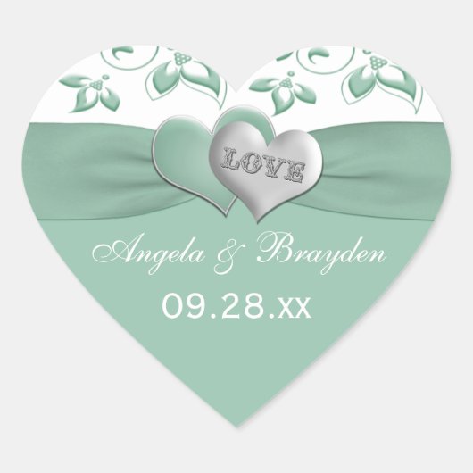 Mint, White Floral Hearts Wedding for Sticker (Voorkant)