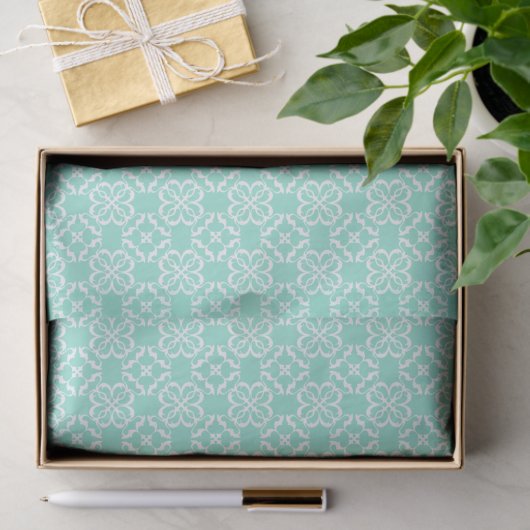 Mint & White Floral Lattice Pattern Tissuepapier (Geschenk)