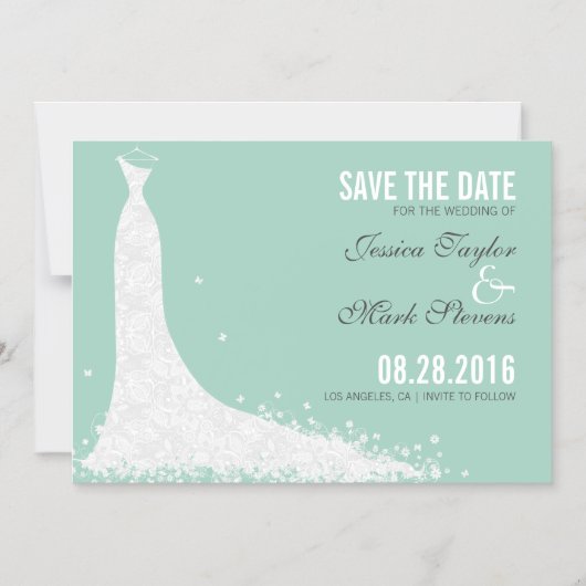 Mint & White Lace Wedding Dress Save the Date Magnetische Uitnodiging (Voorkant)