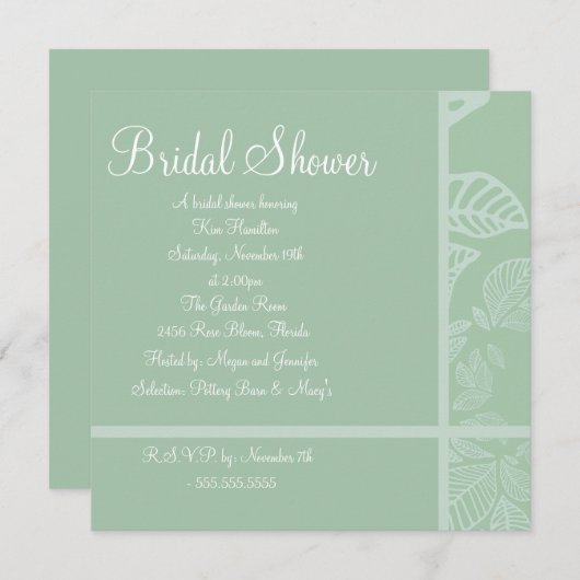 Mint & White Leaf Bruids Douche Uitnodiging (Voorkant / Achterkant)