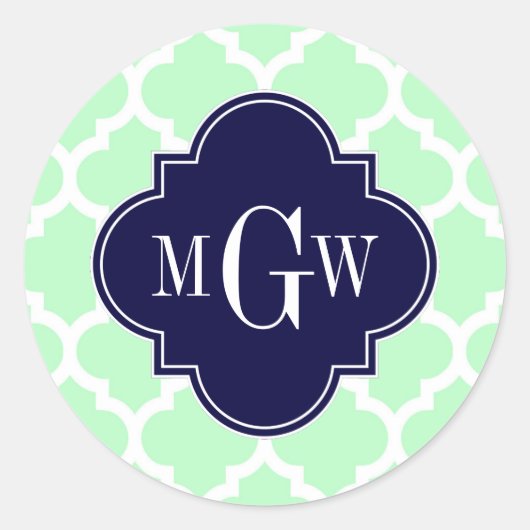 Mint, White Moroccan #5 Navy 3 Initiaal monogram Ronde Sticker (Voorkant)