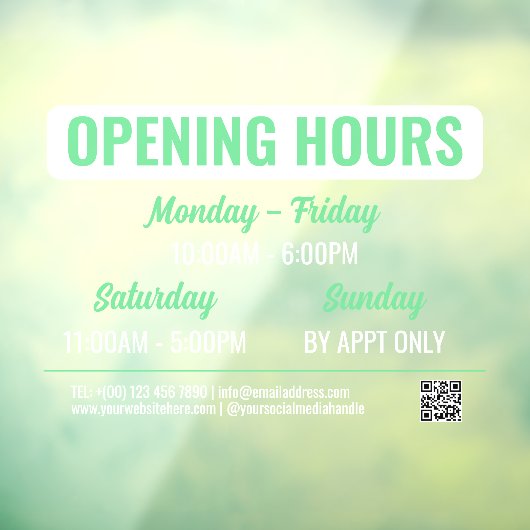 Mint & White Retro Script QR-code Openingstijden Raamsticker (Vel 3)