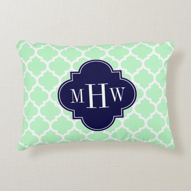 Mint WhMarokkaanse marineblauw 3 Initiaal monogram Accent Kussen (Voorkant)