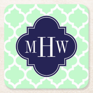 Mint WhMarokkaanse marineblauw 3 Initiaal monogram Vierkante Kartonnen Onderzetter