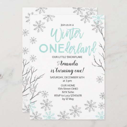 Mint Winter ONE derland Snow Birthday Invitation (Devant / Derrière)