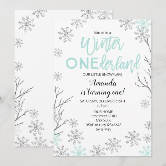 Mint Winter ONEderland Snow Birthday Invite Kaart (Voorkant / Achterkant)