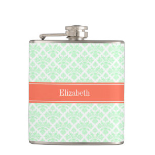  Mint Wit Damask #3 Koraal Naam Monogram Heupfles