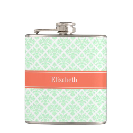  Mint Wit Damask #3 Koraal Naam Monogram Heupfles (Voorkant)