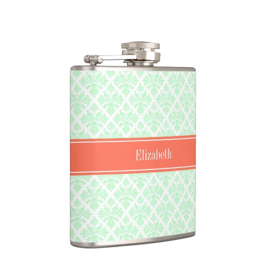 Mint Wit Damask #3 Koraal Naam Monogram Heupfles (Rechts)