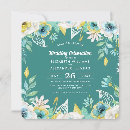 Mint wit geel bloemenbruiloft Waterverf Kaart (Voorkant)