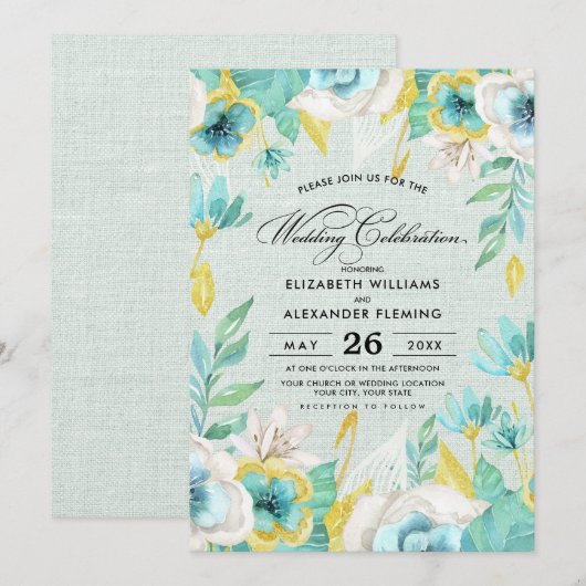 Mint Yellow Floral Burlap Wedding Kaart (Voorkant / Achterkant)