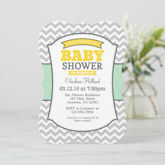 Mint Yellow Grey Chevron Baby shower uitnodiging (Staand voorkant)