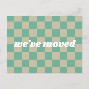 Mintgroene bruine geruite retro 'we zijn verhuisd' briefkaart