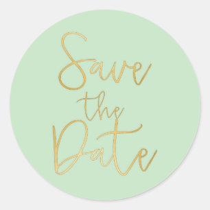 Mintgroene & gouden script SAVE THE DATE Ronde Sticker