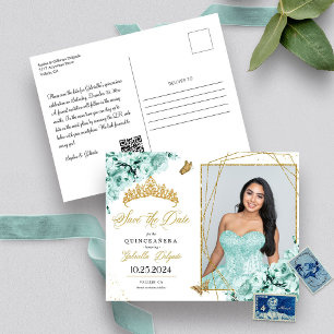 Mintgroene & gouden tiara Quinceañera fotokaart Briefkaart