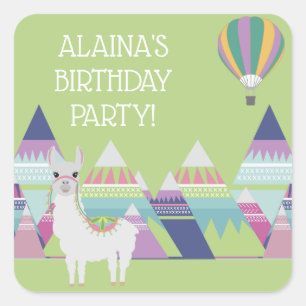 Mintgroene kleurrijke alpaca verjaardagsfeestje vo vierkante sticker