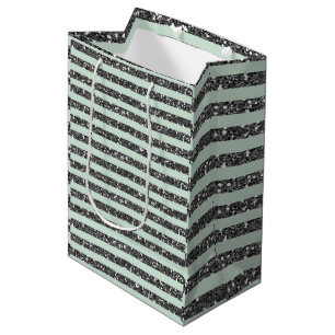 Mints Muntgroene en Zilveren Glitter Strepen Feest Medium Cadeauzakje