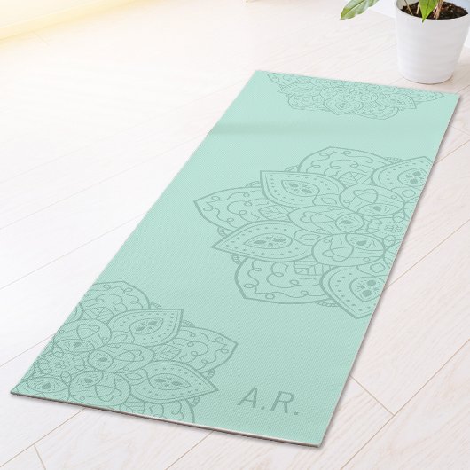 Minty Teal Decorative Modern Mandala With Initials Yogamat