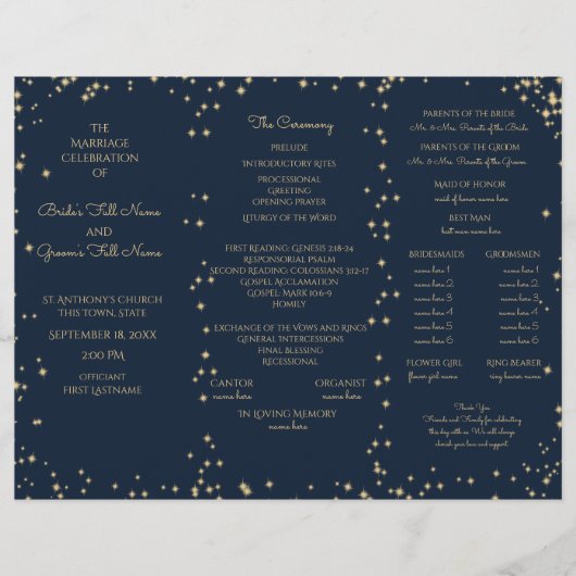 Minuit Sky Twinkle Star Tri Fold Wedding Programme (Devant)