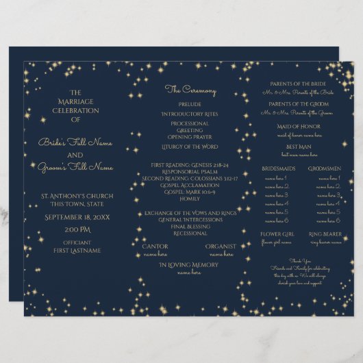 Minuit Sky Twinkle Star Tri Fold Wedding Programme (Devant / Derrière)