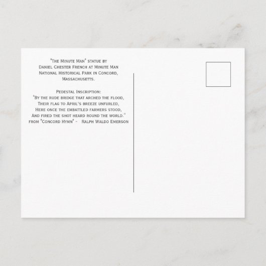 Minuut Man standbeeld, Minuut Man National Hist. P Briefkaart (Achterkant)