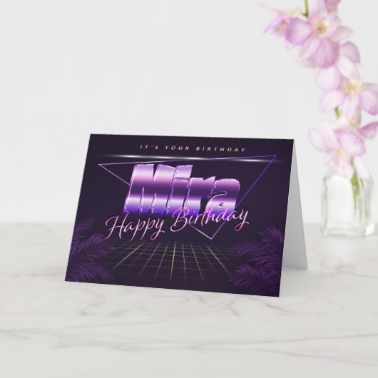 Mira Nom Prénom lila retro Carte Anniversaire (Orchidée)