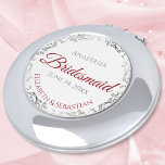 Miroir De Poche Bridesmaid Cadeau Elegant Crimson Red & Silver Lac<br><div class="desc">Ces miroirs compacts sont conçus pour donner des faveurs aux demoiselles d'honneur de votre mariage. Elles présentent un design simple mais élégant avec un arrière - plan blanc, des lettres de script rouge pourpre et une bordure en dentelle florale gris argenté. Une façon parfaite de remercier vos demoiselles d'honneur d'avoir...</div>