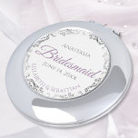 Miroir De Poche Bridesmaid Lavender Purple Silver<br><div class="desc">Ces miroirs compacts sont conçus pour donner des faveurs aux demoiselles d'honneur de votre mariage. Conçues pour s'harmoniser avec notre Suite Mariage Purple & Grey Élégante, elles présentent un design simple mais élégant avec un arrière - plan blanc, Purple & Grey, et une bordure florale en faux feuille d'argent. Une...</div>