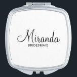 Miroir De Poche Écrivain Personnalisé De Script Moderne<br><div class="desc">Ajoutez une touche personnelle à votre mariage avec un cadeau de femme de chambre personnalisée. Ce design présente le nom personnalisé de la servante de pont dans un style de police de script moderne noir avec titre et date mariage en noir moderne sans serif style de police sur arrière -...</div>