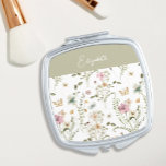 Miroir De Poche Floral Personnalisé Nom Fleur sauvage<br><div class="desc">Faites de ce miroir floral compacte personnalisé votre propre! Le beau design se compose de votre nom, dans une police de script moderne, entouré de fleurs sauvages d'aquarelle en rose, bleu et vert sauge. Ce compact est parfait pour transporter avec vous dans votre sac à main, sac à dos ou...</div>