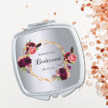 Miroir De Poche Floraux de couleur marine de Bridesmaid en argent<br><div class="desc">Un cadeau à la mode bohème pour la Bridesmaid. Décoré de roses de couleur aquarelle en bordeaux et rose. Elégant faux argent arrière - plan à l'apparence métallique. Un cadre géométrique en faux or. Avec le texte : Bridesmaid écrit avec un script de style écrit à la main. Modèle pour...</div>