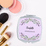Miroir De Poche Flores de violet de lavande de Bridesmaid eucalypt<br><div class="desc">Un arrière - plan violet. Décoré de fleurs de lavande et de verdure d'eucalyptus. Personnalisez et ajoutez le nom de votre servante. Script de style manuscrit noir.</div>