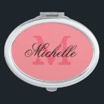 Miroir De Poche Miroir rose de corail personnalisé de contrat de<br><div class="desc">Miroir nommé personnalisé de contrat de maquillage de monogramme. Miroir compact ovale fait sur commande avec la typographie élégante de manuscrit et la lettre initiale de nom de monogramme de cru. Idée girly mignonne de cadeau pour des femmes et des filles d'ado. Fait également une faveur élégante de mariage pour...</div>